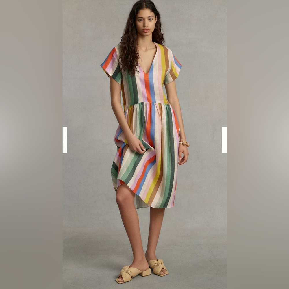 NWOT Anthropologie WHIT TWO Striped Linen Midi Dress large petite